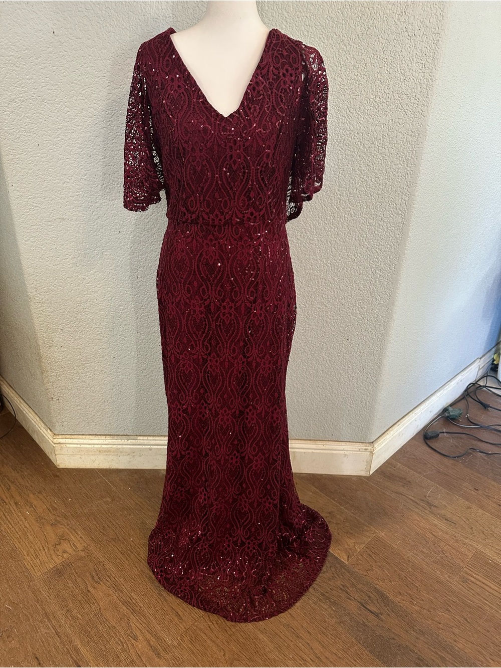 MARINA Wine Red Lace Sequin Maxi Dress
